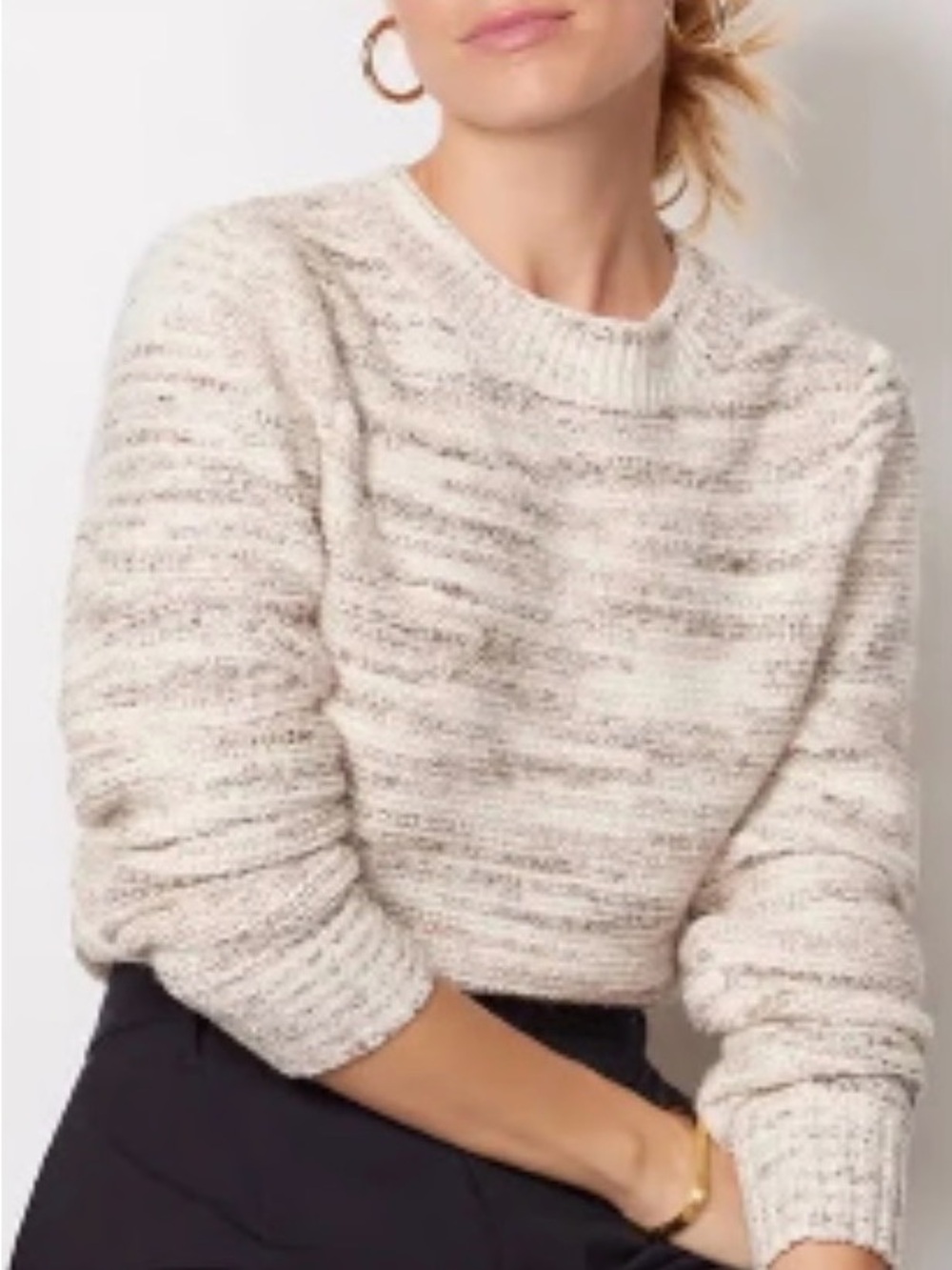 EVEREVE Mia Marl Pull Over Crewneck Neutral Sweater w Slight Puff Sleeves XS
